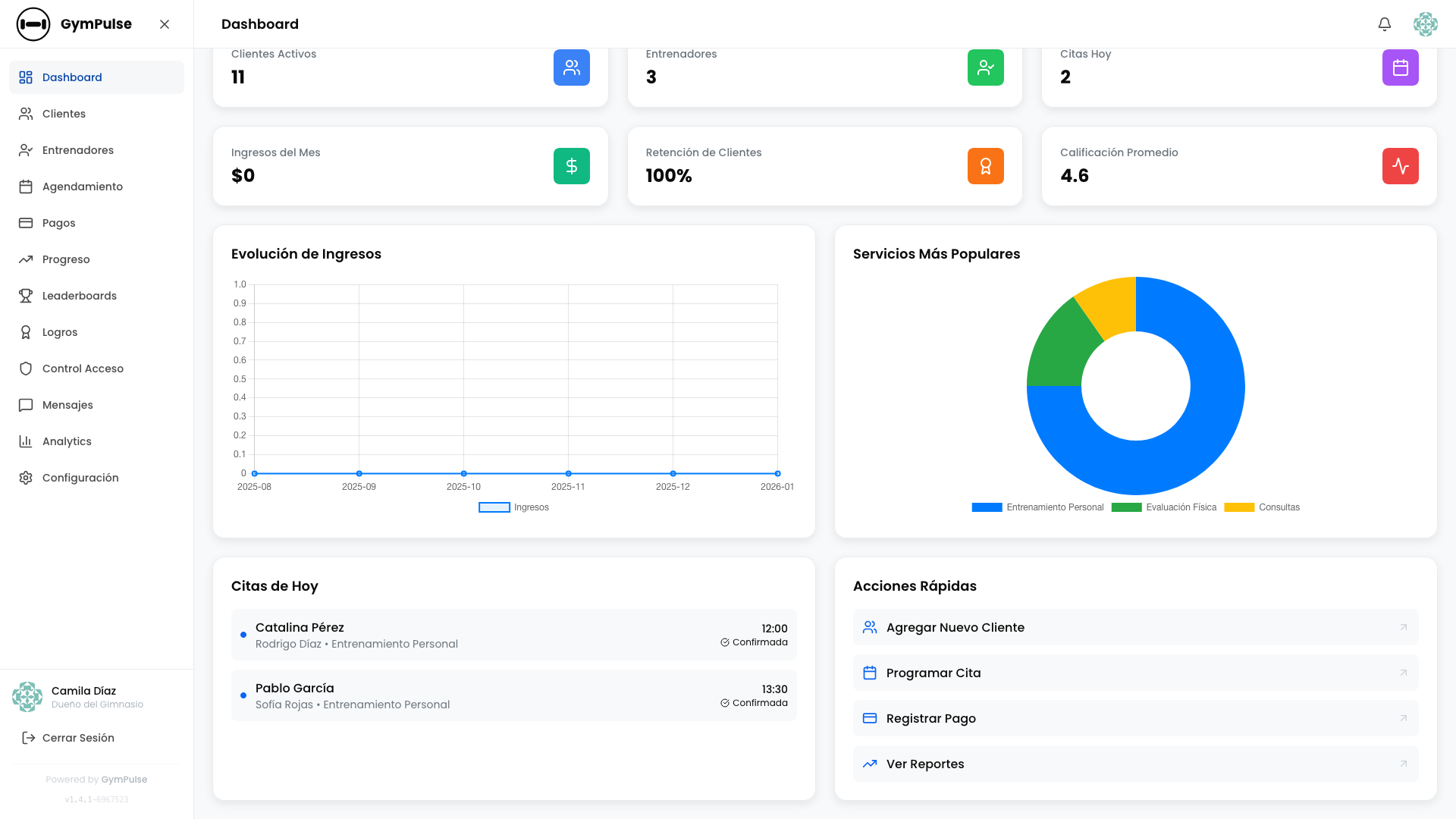 GymPulse Dashboard - Gestión de miembros, agenda y analytics